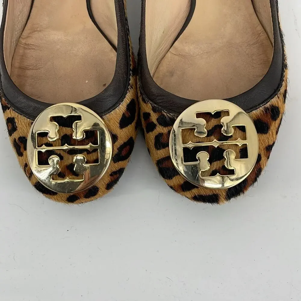 Tory Burch Reva calf skin leather leopard print slip on ballet flat shoes sz 6.5
